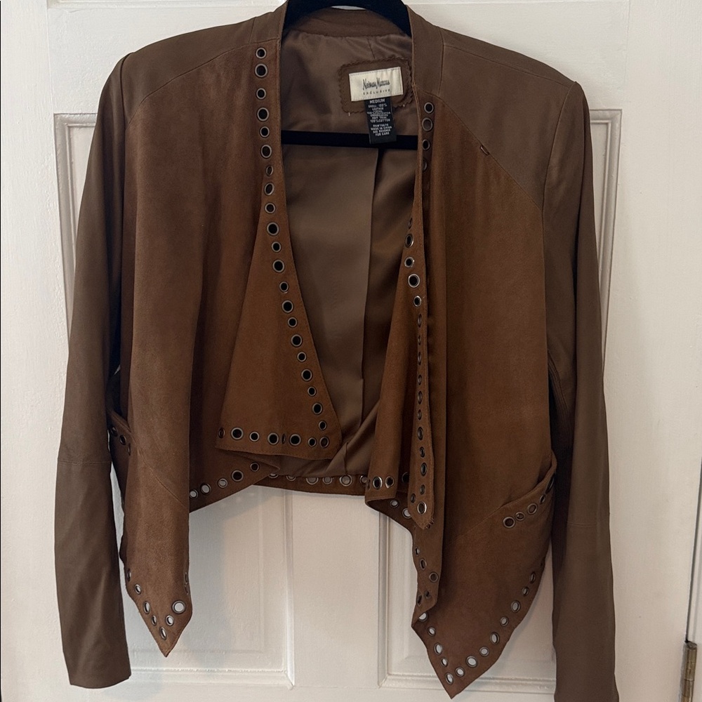 Neiman Marcus Brown Suede Blazer with Eyelet Accents